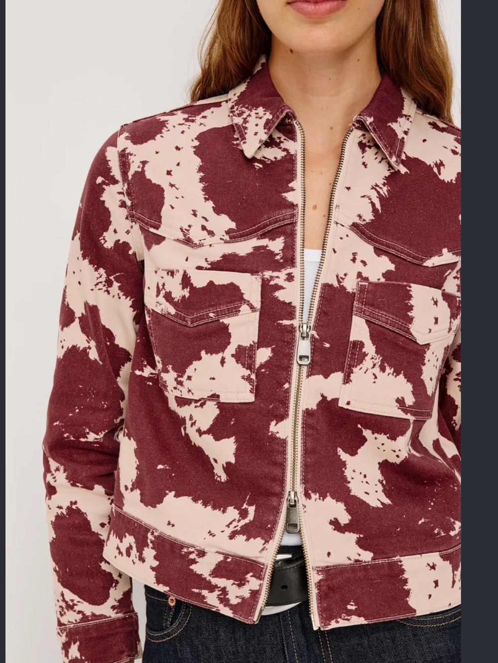 NWT Rails Denim Cowgirl Cow Print Zip Jacket Burgundy Cream M
